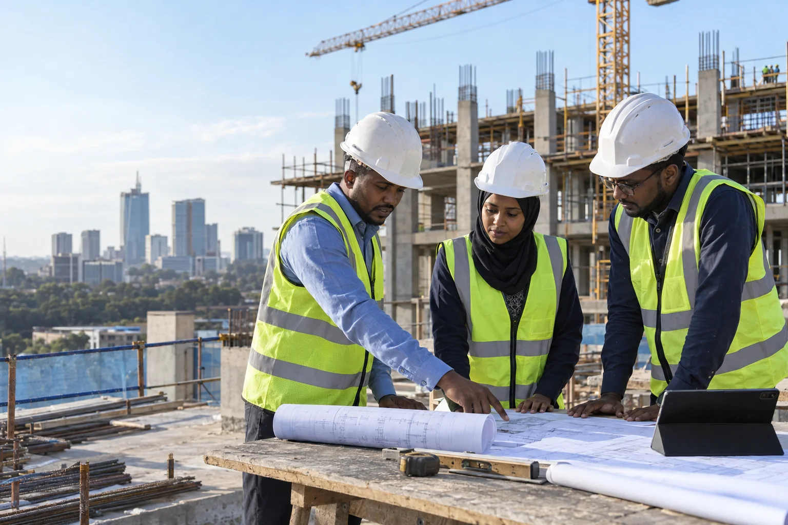 East African engineers reviewing construction plans on site